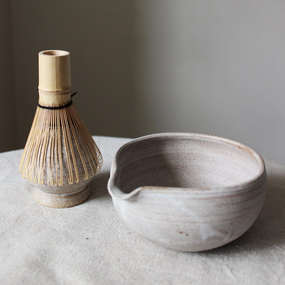 Handmade Pottery Matcha Set - Beige Natural Bowl With Whisk Holder