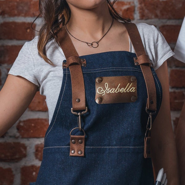 Customizable embroidered apron Great gift for her Embroidered Name Kitchen Cross-back apron Barista Waiters Women's apron Tablier Cuir