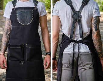 Black Apron and Leather Straps with Three Pockets | Apron for Men | Removable Straps | Black Leather Apron | Sizes: XS to XXXL