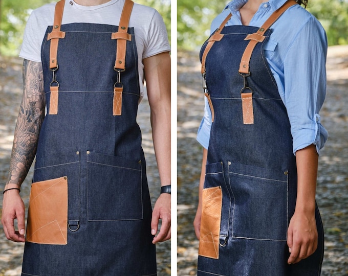 Blue Denim and Leather Apron with Three Pockets | Unisex | Removable Straps | Embrodiered Apron | Apron with Custom Logo | Sizes: XS to XXXL