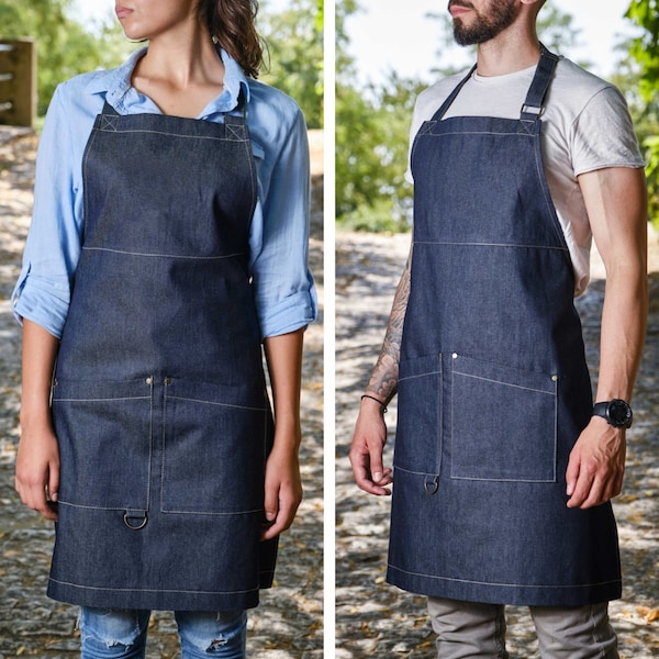 Blue Denim Apron with Two Pockets | Adjustable neck strap | Unisex | Embrodiered Apron | Custom Logo | Sizes: XS to 3XL