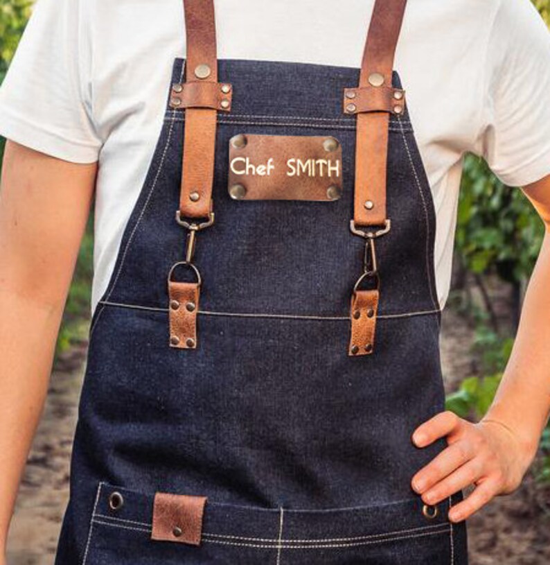 Leatherеtte Straps Apron Work Clothes Bartender Blue Apron Etsy
