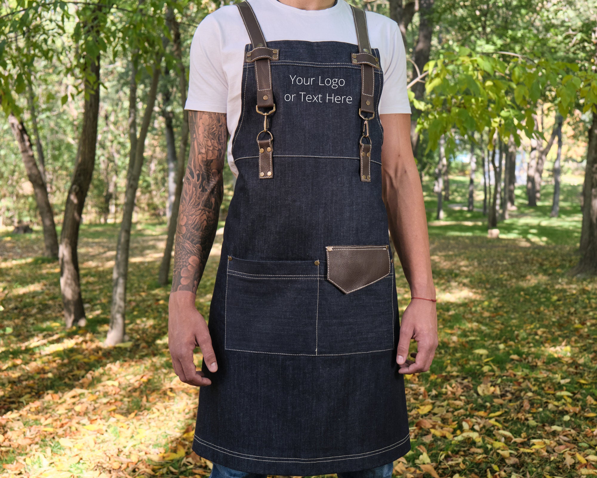 PERSONALIZED blue denim apron for men with dark brown leather Etsy