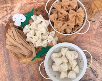 Felt Pasta, Play Kitchen Bow Ties, Dumplings, Fettuccine, Handmade Pretend Food