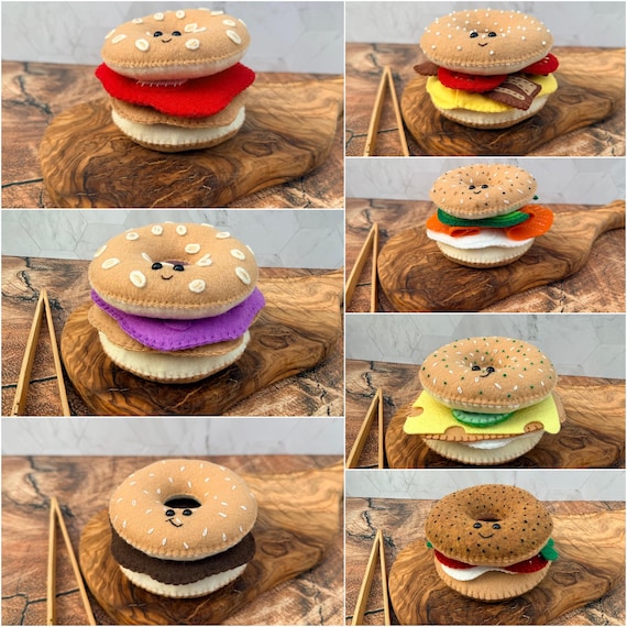 Handmade Felt Bagel Sandwich,  Pretend Food Toy for Screen-free Play Bakery