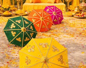 Handcrafted Velvet Umbrella with Gota Details Indian Wedding Decor Haldi Mehndi Ceremony Decoration Parasol