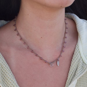 Mauve Seed Beaded Tan Crochet Necklace