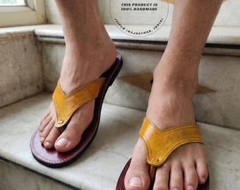 Handmade Moroccan Leather Sandals - Genuine Leather Kolhapuri Chappals - Yellow & Maroon Ethnic Summer Footwear