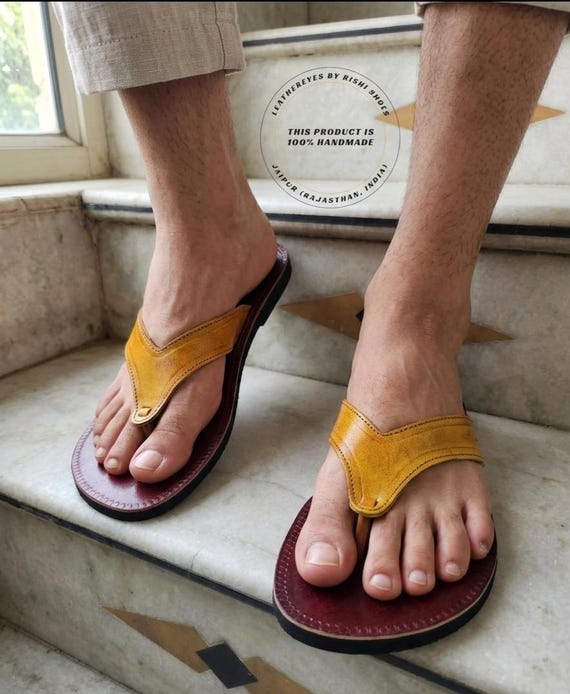 Handmade Moroccan Leather Sandals - Genuine Leather Kolhapuri Chappals - Yellow & Maroon Ethnic Summer Footwear