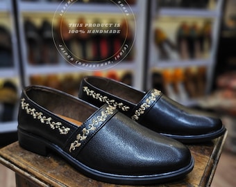 Royal Black Hand-Embroidered Leather Shoes for Men – Luxury Wedding & Groom Loafers