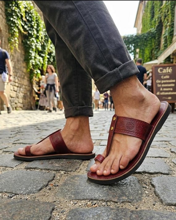 Handmade Men's Maroon Leather Kolhapuri Sandals | Genuine leather Traditional Indian Ethnic Chappals
