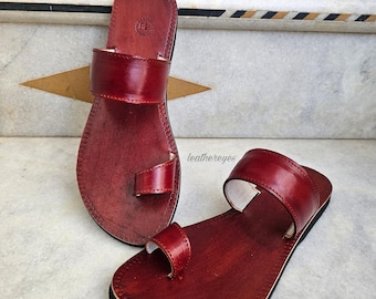 Traditional genuine cherry tan colors leather flat toe ring sandals greeques for women