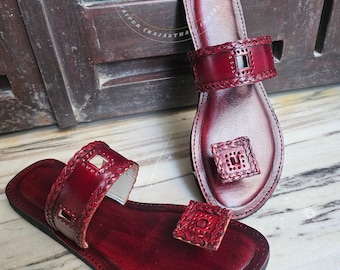 Maroon Boho Slides, Genuine Leather Flat Sandals, Strappy Summer Shoes, Ethically Made Ethnic Footwear