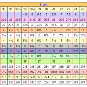 May include: Shoe size conversion chart with multiple international sizing systems, including Europe, Mexico, Japan, U.K., Australia, and U.S. & Canada. Displays sizes in inches, centimeters, and Mondopoint.