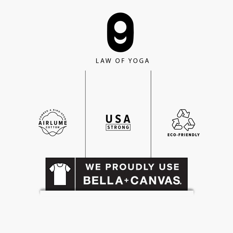 May include: A graphic with the text "LAW OF YOGA" above a stylized number nine. Below are logos for "AIRLUME COTTON", "USA STRONG", and "ECO-FRIENDLY". A black rectangle states "WE PROUDLY USE BELLA+CANVAS."