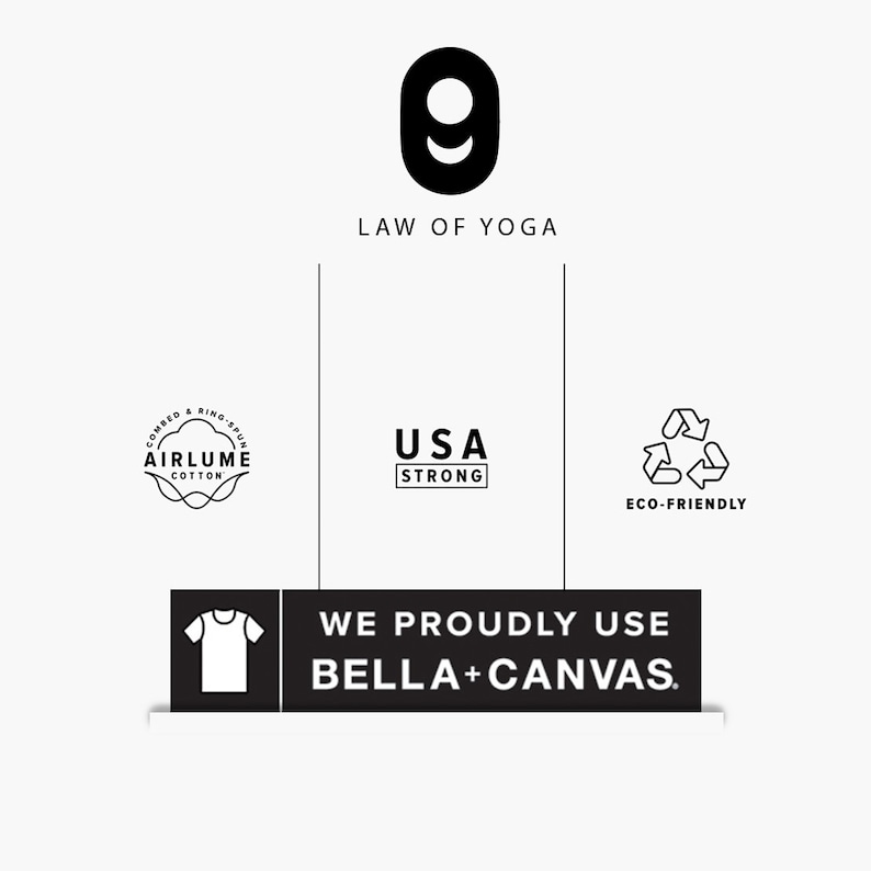 May include: A graphic with the text "LAW OF YOGA" above a stylized number nine. Below are logos for "AIRLUME COTTON", "USA STRONG", and "ECO-FRIENDLY". A black rectangle states "WE PROUDLY USE BELLA+CANVAS."