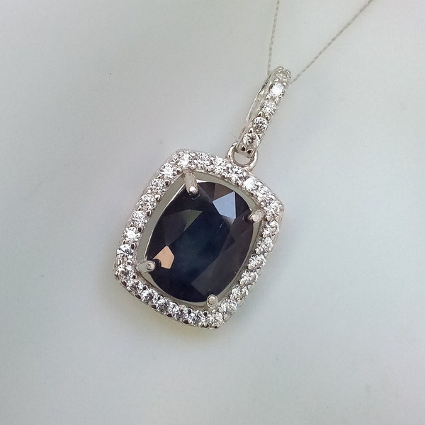 3.05 carat natural blue sapphire pendant with cubic zirconia halo sterling silver 925 jewelry