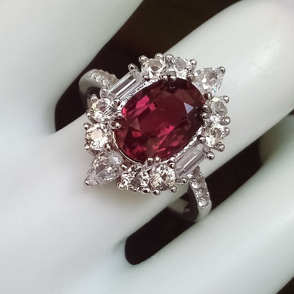 2.21 carat natural rare rubellite tourmaline ring size 7 sterling silver 925 jewelry with white topaz gift for her