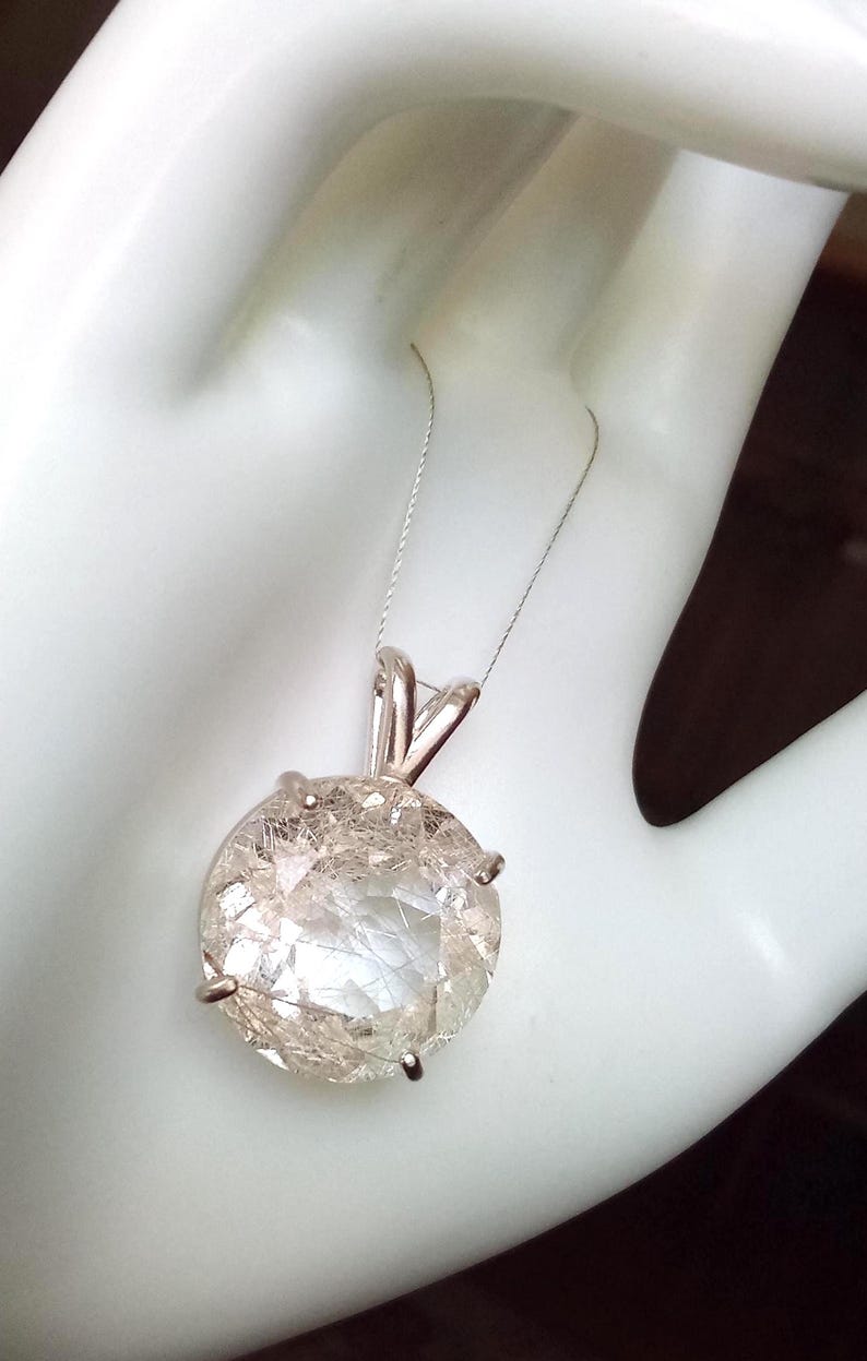 Large Faceted Golden Rutile Quartz Pendant 18mm Round Natural Rutilated Quartz Sterling Silver Jewelry image 8