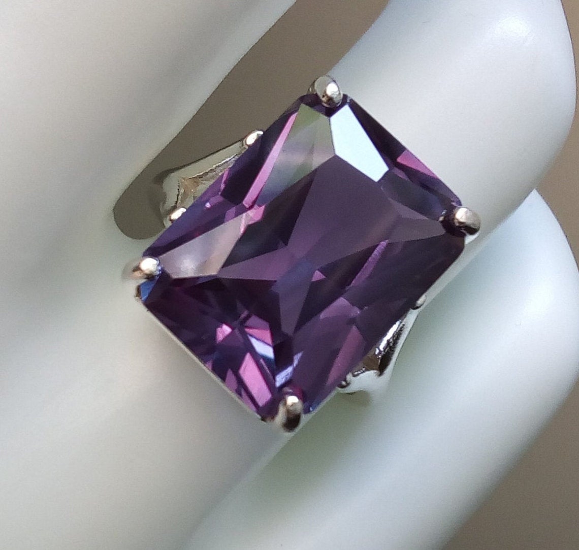 Large lab created alexandrite ring sterling silver emerald cut Etsy