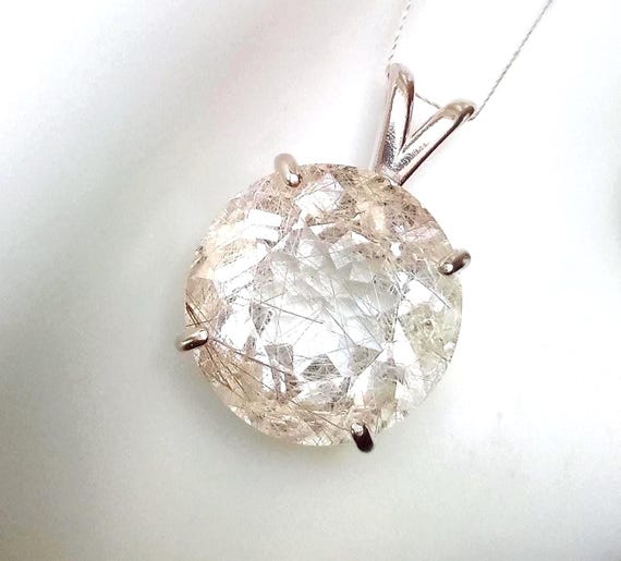 Large Faceted Golden Rutile Quartz Pendant 18mm Round Natural Rutilated Quartz Sterling Silver Jewelry