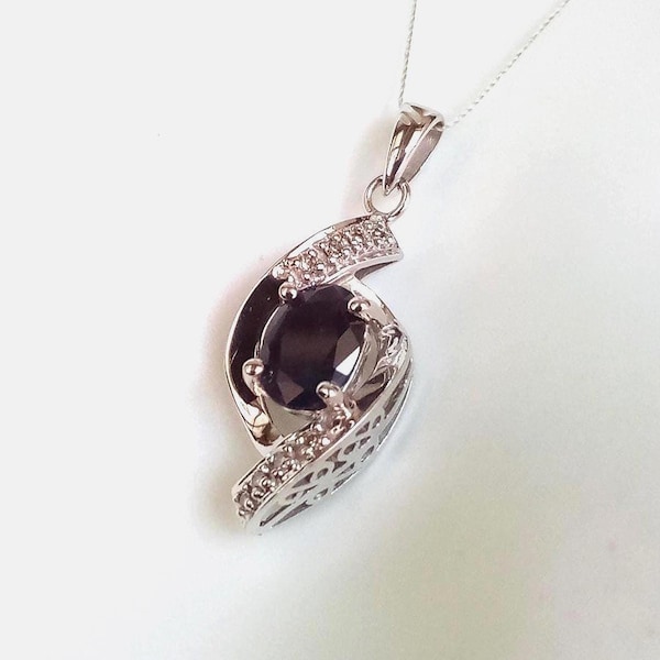14K Solid White Gold Natural Sapphire & Diamond Pendant Ornate Design Gift