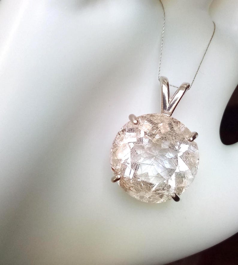 Large Faceted Golden Rutile Quartz Pendant 18mm Round Natural Rutilated Quartz Sterling Silver Jewelry image 9