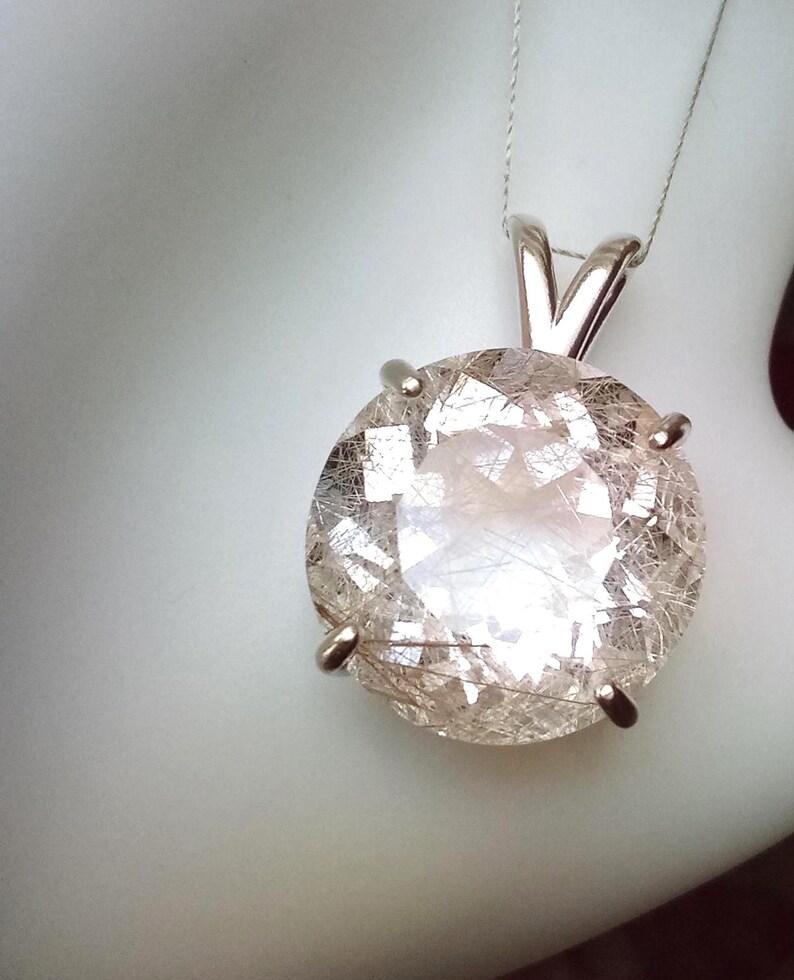 Large Faceted Golden Rutile Quartz Pendant 18mm Round Natural Rutilated Quartz Sterling Silver Jewelry image 10