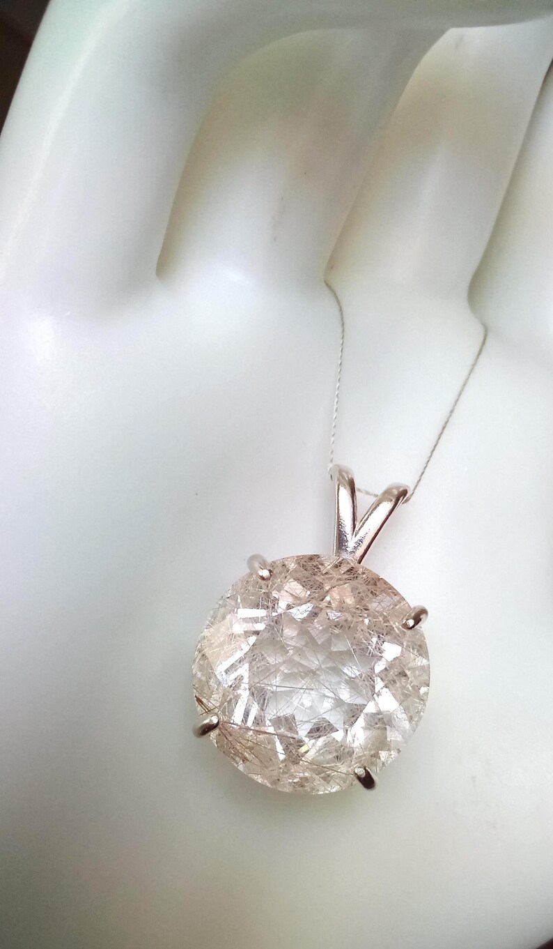Large Faceted Golden Rutile Quartz Pendant 18mm Round Natural Rutilated Quartz Sterling Silver Jewelry image 3
