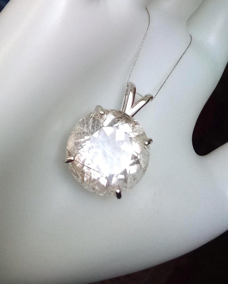 Large Faceted Golden Rutile Quartz Pendant 18mm Round Natural Rutilated Quartz Sterling Silver Jewelry image 4