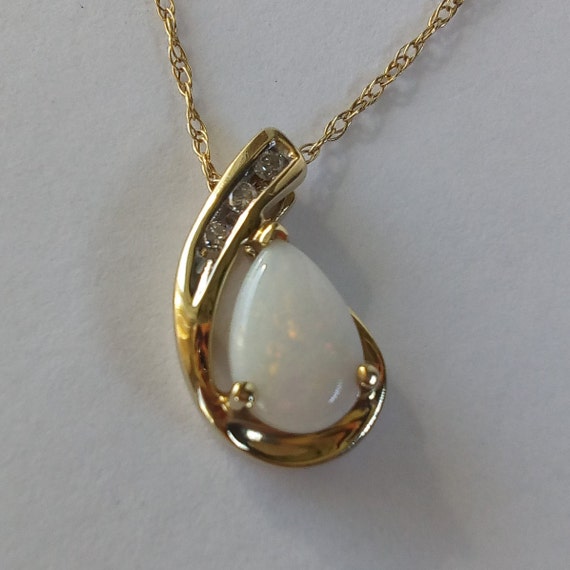 10k Gold Natural Opal Diamond Pendant Necklace Teardrop Yellow | Etsy