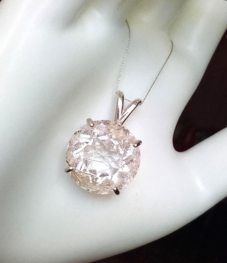 Large Faceted Golden Rutile Quartz Pendant 18mm Round Natural Rutilated Quartz Sterling Silver Jewelry image 7