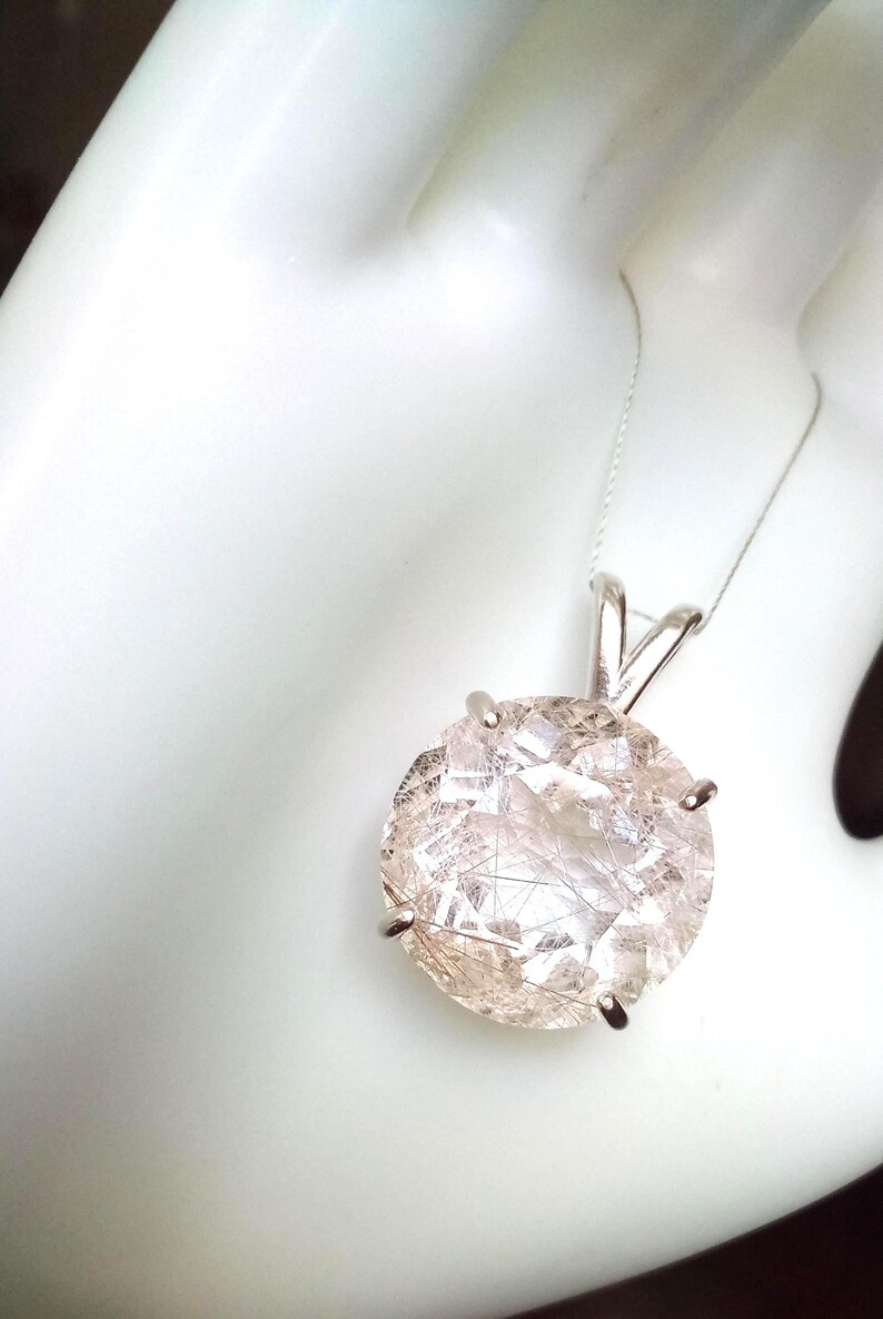 Large Faceted Golden Rutile Quartz Pendant 18mm Round Natural Rutilated Quartz Sterling Silver Jewelry image 6