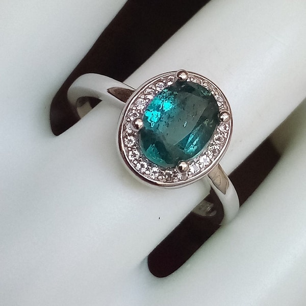 green blue kyanite ring with white topaz halo natural genuine gemstone sterling silver 925 ring size 7