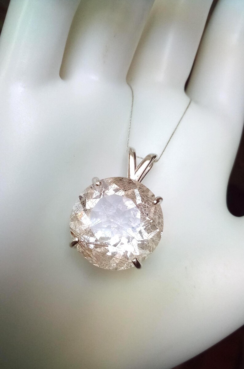 Large Faceted Golden Rutile Quartz Pendant 18mm Round Natural Rutilated Quartz Sterling Silver Jewelry image 2