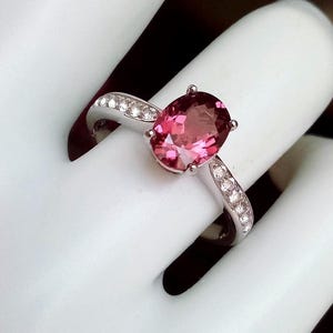 sparkly natural purplish pink Rhodolite garnet ring size 7 oval solitaire with white topaz accents jewelry gift sterling silver 925
