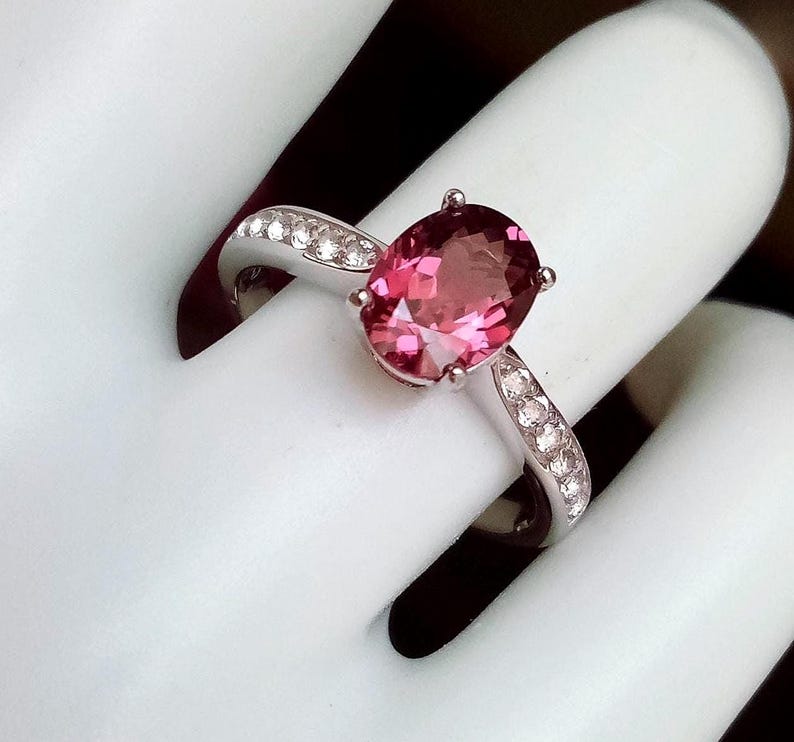 sparkly natural purplish pink Rhodolite garnet ring size 7 oval solitaire with white topaz accents jewelry gift sterling silver 925