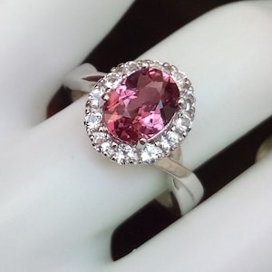 Rhodolite Garnet Ring: White Topaz Halo, Pink Purple Gem Jewelry, Sterling Silver, Size 7