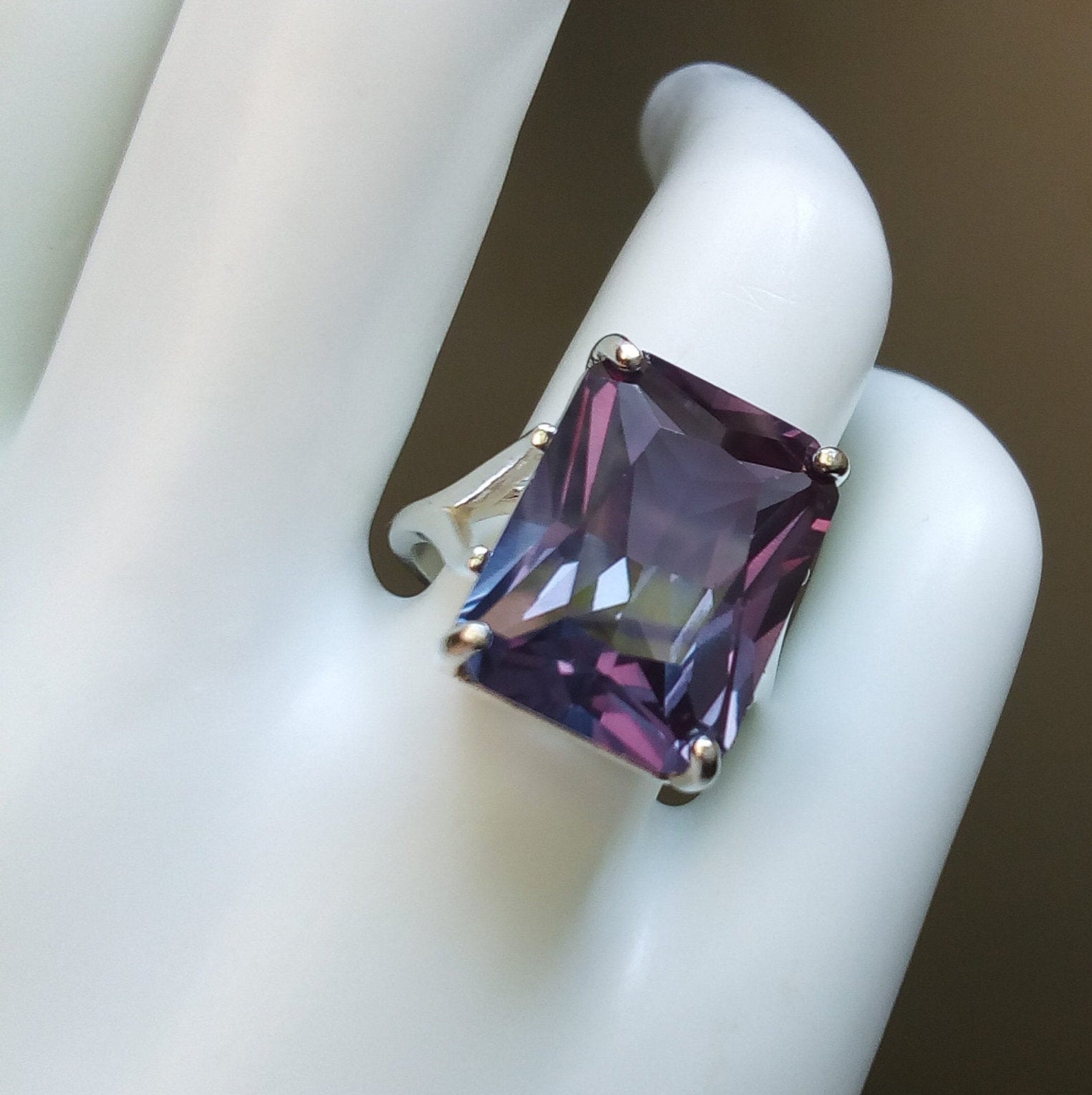 Large Lab Created Alexandrite Ring Sterling Silver Emerald Cut Etsy