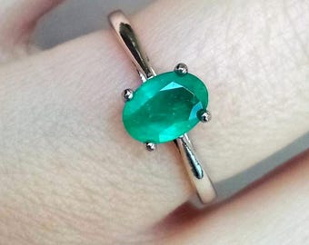 Natural Emerald Ring Zambian Oval Green Gem Solitaire Sterling Silver