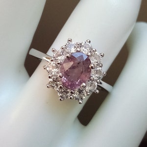 Natural pinkish purple sapphire ring size 7 white topaz halo sterling silver 925 jewelry gift
