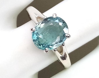 Natural Untreated Aquamarine Ring Oval Blue Gem in Sterling Silver Solitaire Setting Size 7