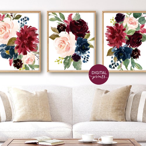 Set of 2 Pink Navy Floral Prints Floral Nursery Wall Art Etsy