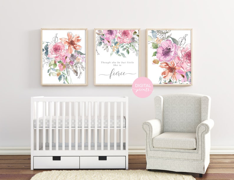 Though She Be But Little She is Fierce Wall Print Set of 3 Baby Shower Gift Girl Nursery Room Wall Decor Pink Flowers Artwork