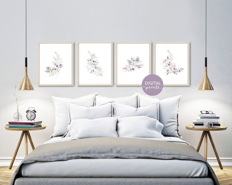 Printable Purple Floral Wall Art Set of 4 Watercolor Flowers Etsy