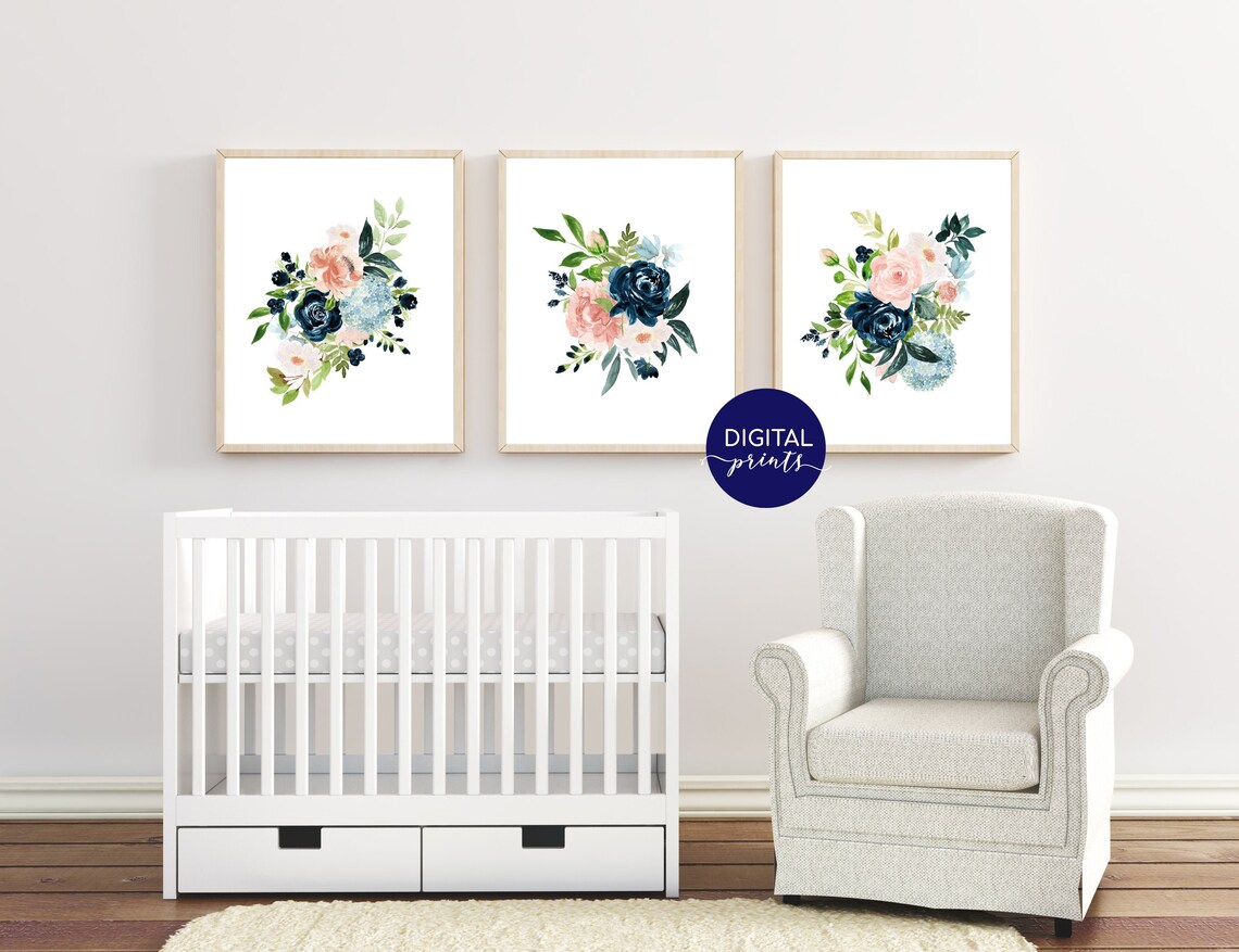 Printable Nursery Wall Art Navy and Pink Floral Wall Art Etsy