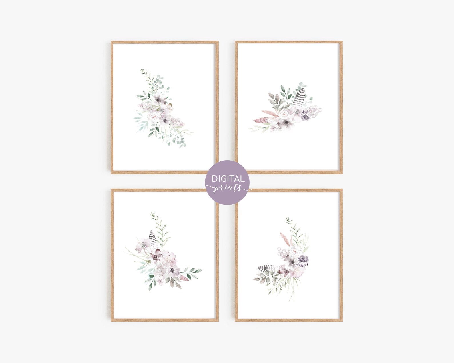 Printable Purple Floral Wall Art Set of 4 Watercolor Flowers Etsy