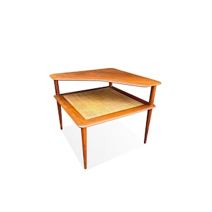 Peter Hvidt for France and Son Mid-century Danish Modern Teak and Rattan Two-tier Corner Table