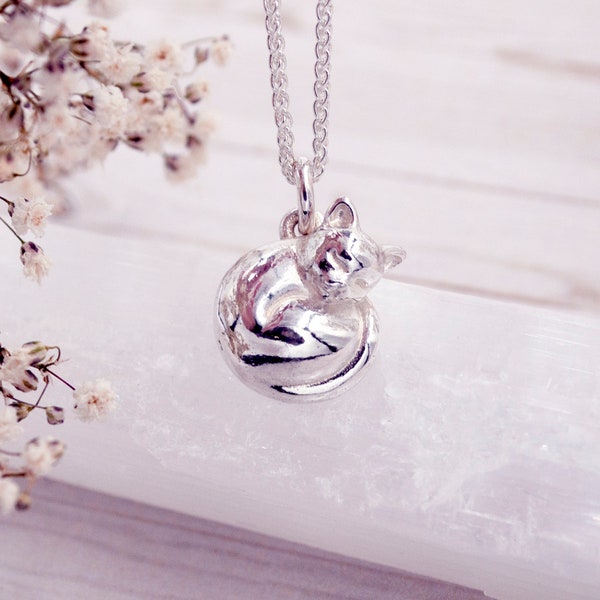 Silver Sleeping Cat Necklace | Handmade Jewellery | Kitten Pendant | Cat Pet Gift | Cute Halloween Necklace