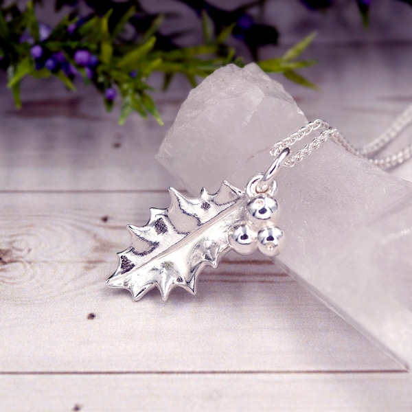 Silver Holly Leaf Necklace | Handmade Jewellery | Holly Berry Pendant | Christmas Holiday Necklace | Winter Pendant | Mother's Day Gift
